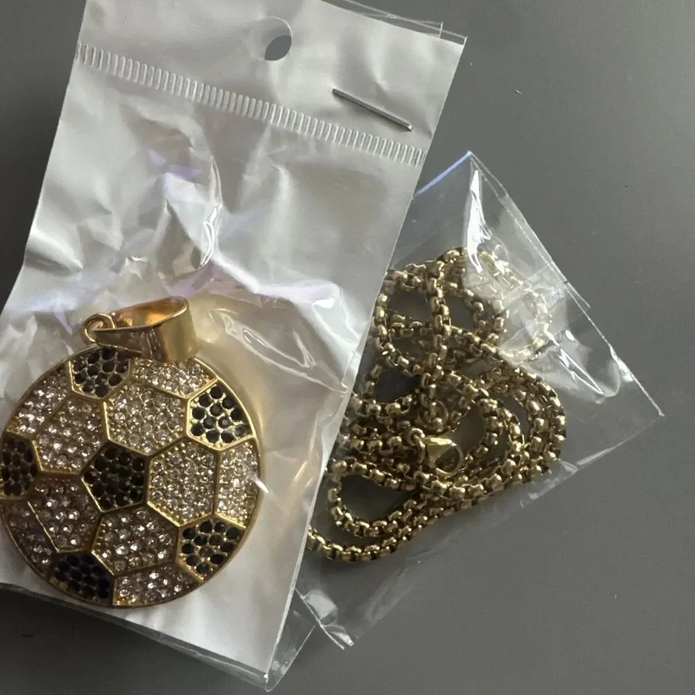 Stainless Steel Soccer Football Pendant 24” Chain World Cup Gold Cubic Zirconia